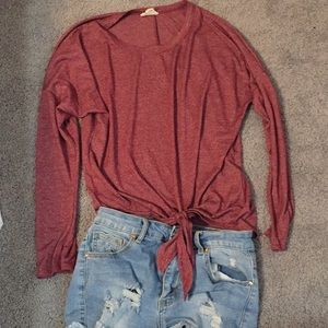 Cute Long Sleeve Tie Front Top